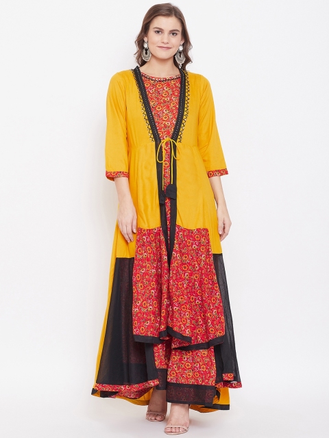

Kurti's by Menka Women Mustard Yellow & Red Printed Maxi Dress with Ethnic Jacket