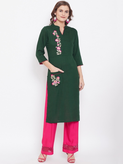 

Kurti's by Menka Women Green Embroidered Detail Straight Kurta