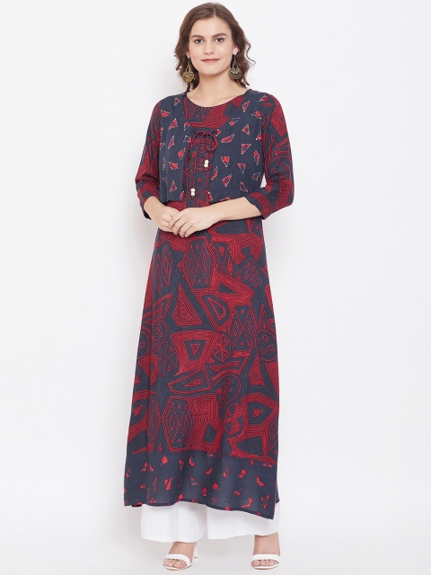 

Kurti's by Menka Women Navy Blue & Red Printed Layered A-Line Kurta