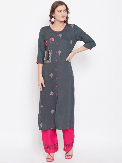 

Kurti's by Menka Charcoal Grey & Off-White Embroidered Straight Kurta