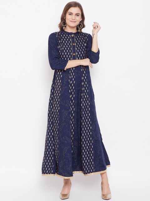 

Kurti's by Menka Women Navy Blue & Golden Foil Print Maxi Dress