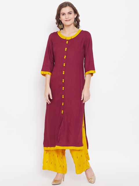 

Kurti's by Menka Women Maroon & Mustard Yellow Solid Kurta with Palazzos