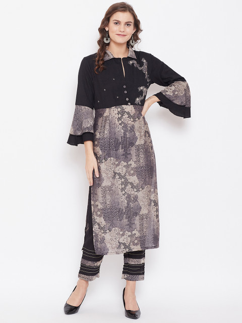 

Kurti's by Menka Women Black & Grey Printed Kurta with Trousers