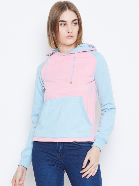 

Alsace Lorraine Paris Women Pink & Blue Colourblocked Hooded Sweatshirt