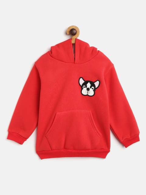 

Lil Lollipop Kids Coral Red Solid Hooded Sweatshirt with Applique Detail