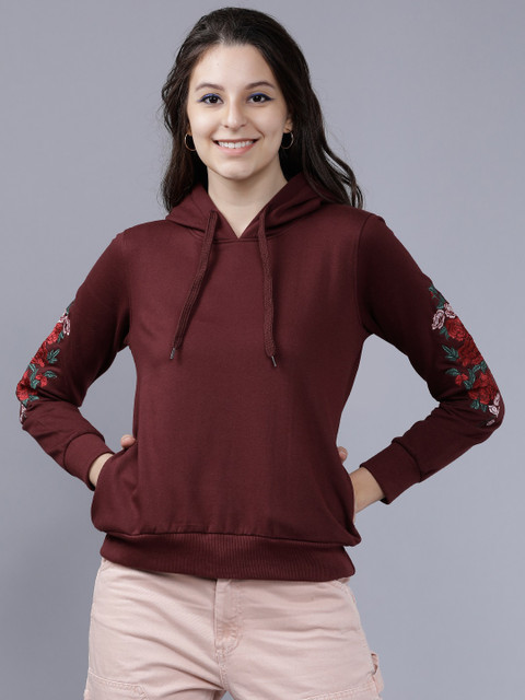

Tokyo Talkies Women Burgundy Solid Hooded Sweatshirt