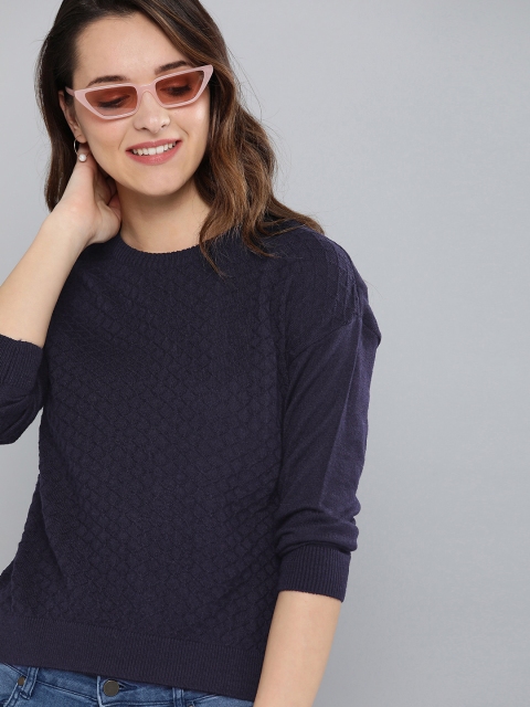 

HERE&NOW Women Navy Blue Self Design Pullover Sweater