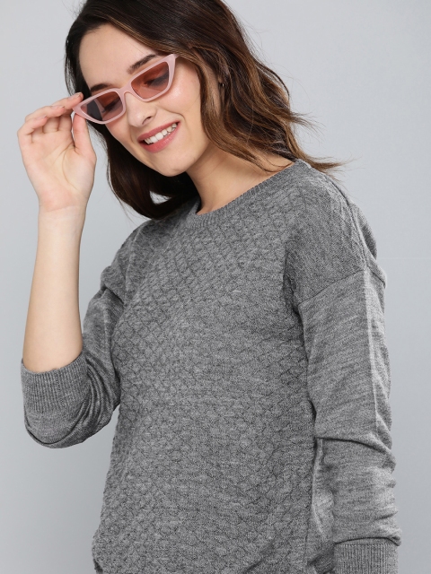 

HERE&NOW Women Grey Melange Self Design Pullover Sweater