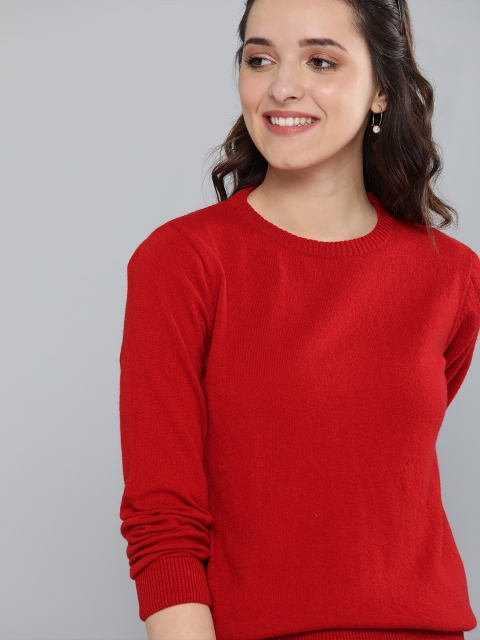 

HERE&NOW Women Red Solid Woolen Pullover Sweater