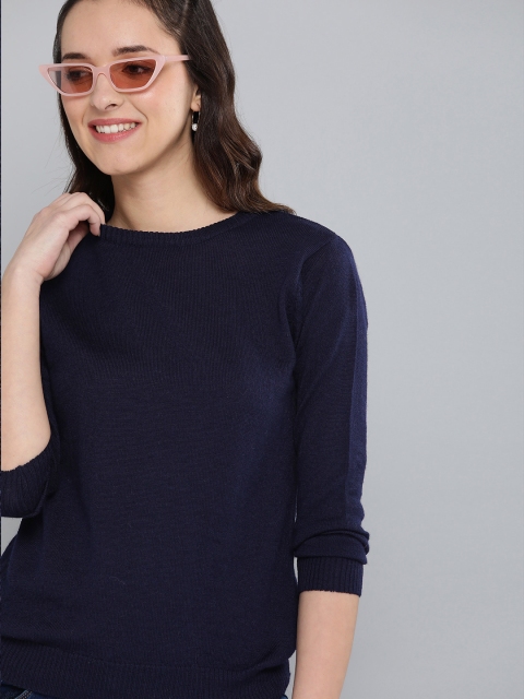 

HERE&NOW Women Navy Blue Solid Pullover Sweater