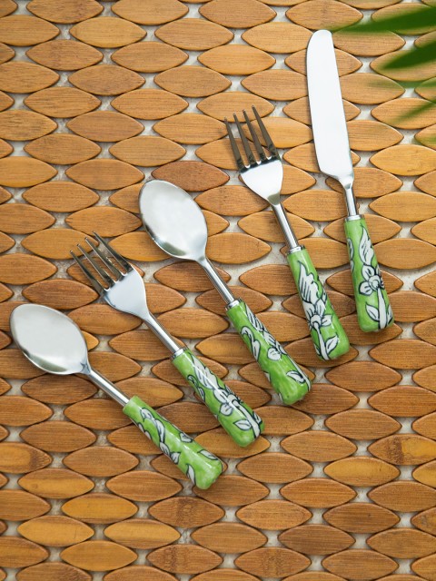 

The Mughal Zahri' Hand-Painted Table Cutlery Set In Stainless Steel & Ceramic (Set of 5), Silver