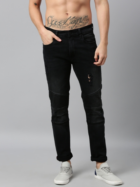 

HERE&NOW Men Black Slim Fit Mid-Rise Low Distress Stretchable Jeans