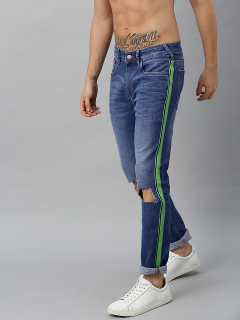 Men Blue Slim Fit Mid-Rise Slash Knee Stretchable Jeans