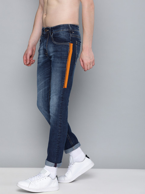 

HERE&NOW Men Blue Slim Fit Mid-Rise Low Distress Stretchable Jeans with Side Stripes