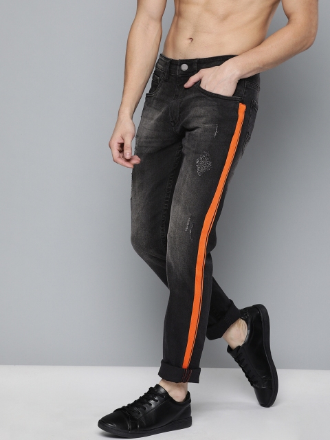 

HERE&NOW Men Black Slim Fit Mid-Rise Low Distress Stretchable Jeans