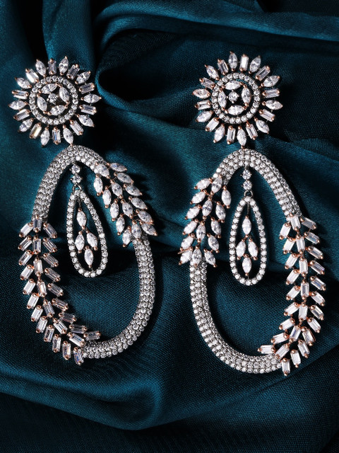 

Rubans Silver-Toned Oxidised CZ Studded Geometric Drop Earrings