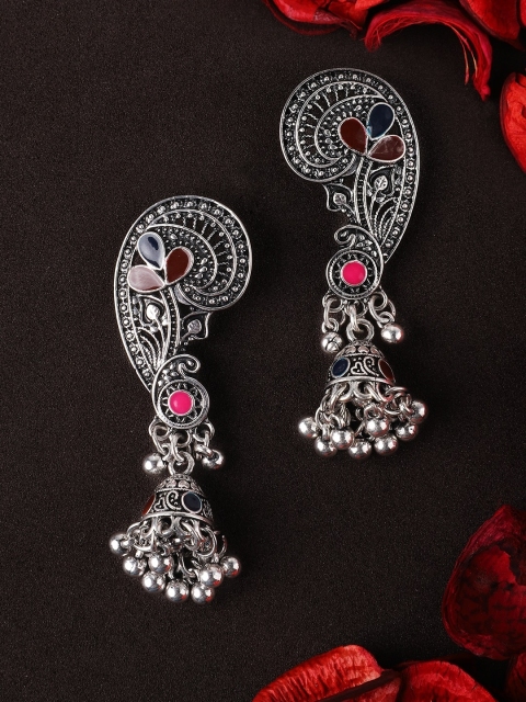 

Rubans Silver-Toned Oxidised Dome Shaped Jhumkas