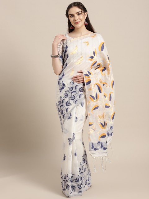 

Saree mall Off-White & Navy Blue Woven Design Saree