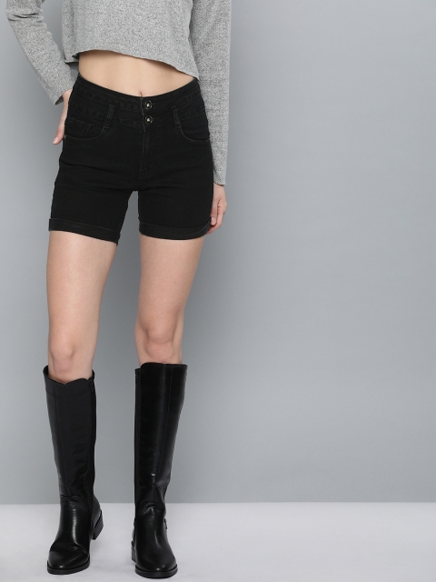 

High star Women Black Solid Regular Fit High-Rise Denim Stretchable Shorts