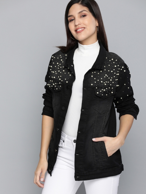 

HERE&NOW Women Black Solid Denim Boyfriend Trucker Jacket With Embellishments