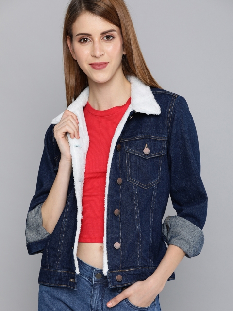 

HERE&NOW Women Navy Blue Solid Denim Jacket With Faux Fur