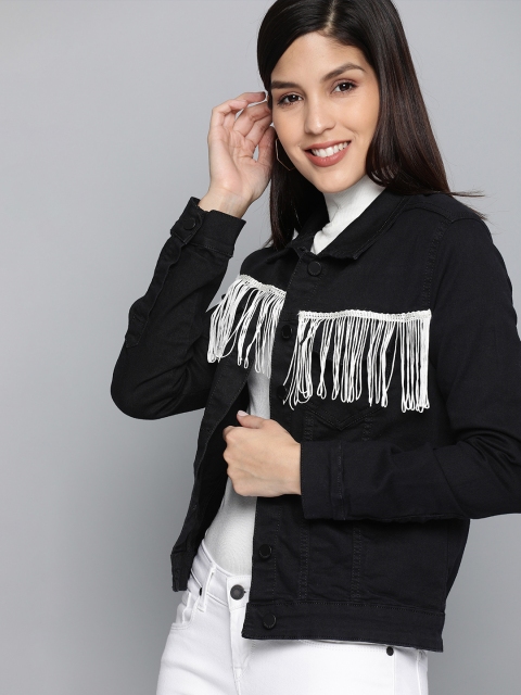 

HERE&NOW Women Black Solid Denim Jacket With Fringes Detailing