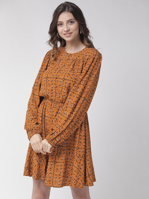 

Marks & Spencer Women Mustard Brown Printed Blouson Dress