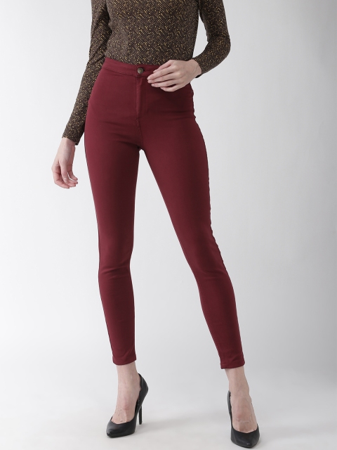 

Marks & Spencer Women Maroon Skinny Fit Solid Regular Cropped Trousers