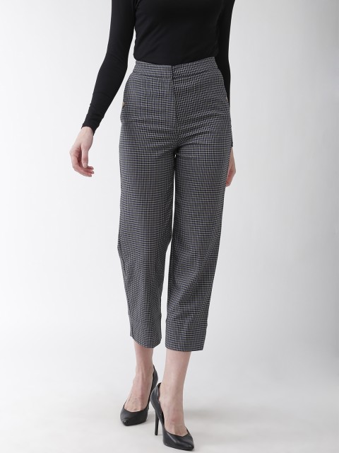 

Marks & Spencer Women Navy Blue & Beige Straight Fit Checked Cropped Formal Trousers