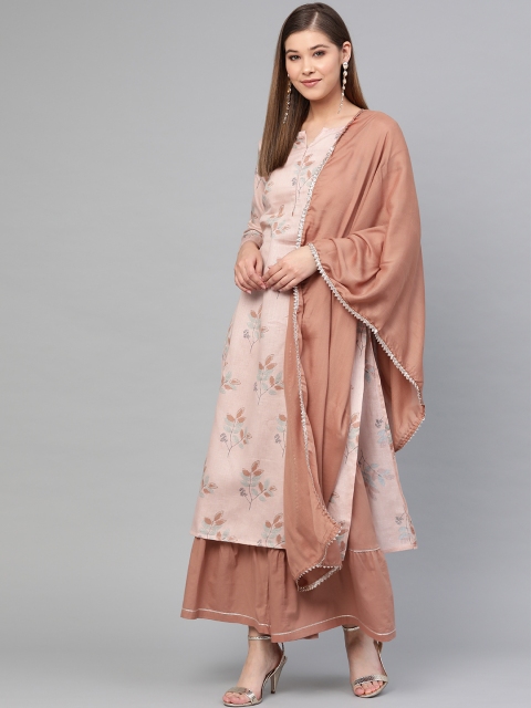 

Yufta Women Dusty Pink & Green Printed Kurta with Sharara & Dupatta