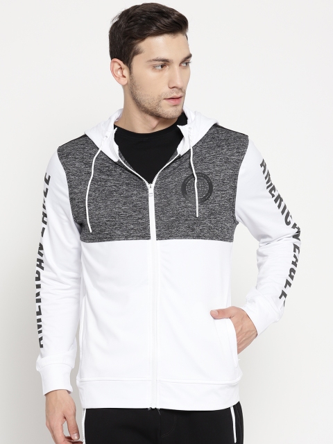 

AMERICAN EAGLE OUTFITTERS Men White & Charcoal Grey Colourblocked Hooded Sweatshirt
