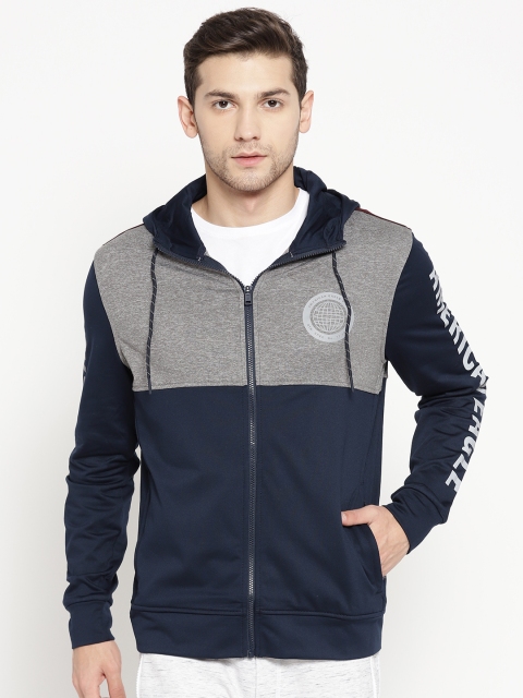 

AMERICAN EAGLE OUTFITTERS Men Navy Blue & Grey Melange Colourblocked Hooded Sweatshirt