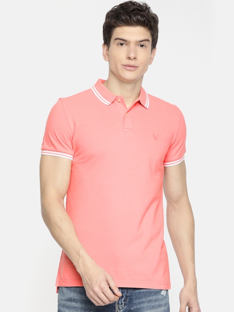 

AMERICAN EAGLE OUTFITTERS Men Coral Pink Solid Slim Fit Polo Collar Pure Cotton T-shirt