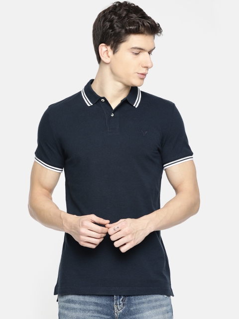 

AMERICAN EAGLE OUTFITTERS Men Navy Blue Solid Slim Fit Polo Collar T-shirt