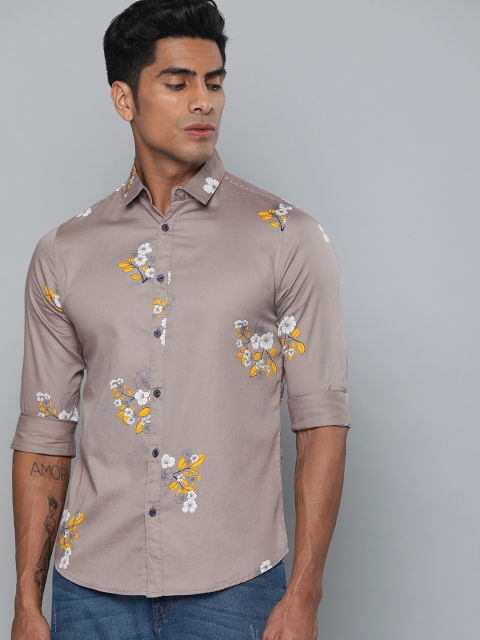 

Dennis Lingo Men Grey & Mustard Yellow Modern Slim Fit Printed Casual Shirt