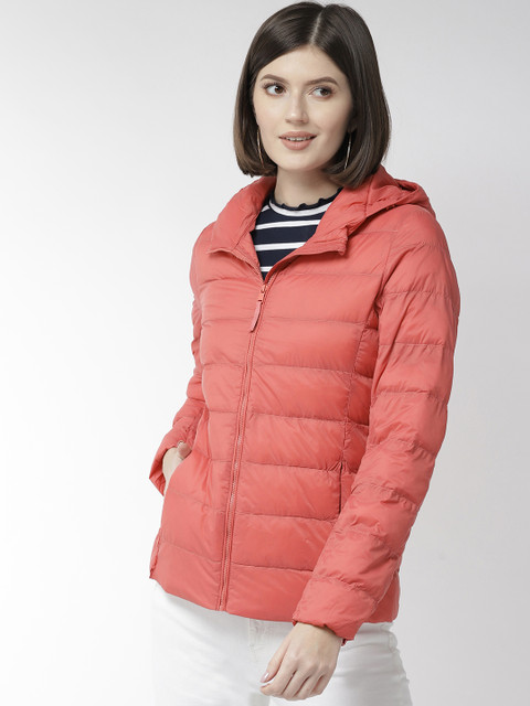 

Fort Collins Women Peach-Coloured Solid Lightweight Hooded Padded Down Jacket