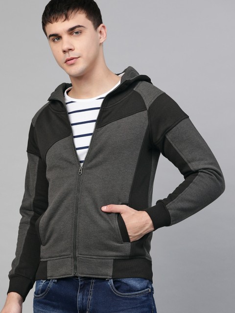 

Seven Rocks Men Charcoal Grey & Black Colourblocked Hooded Sweatshirt