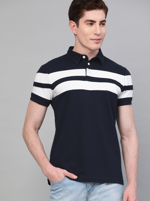 

Seven Rocks Men Navy Blue & White Striped Polo Collar T-shirt