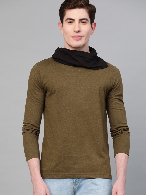 

Seven Rocks Men Olive Green Solid Cowl Neck T-shirt