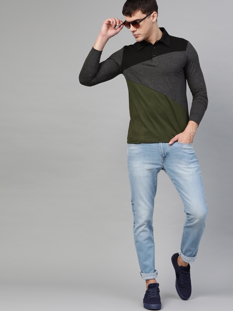

Seven Rocks Men Charcoal Grey & Black Colourblocked Polo Collar T-shirt