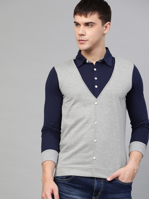 

Seven Rocks Men Grey Melange & Navy Colourblocked Polo Collar T-shirt