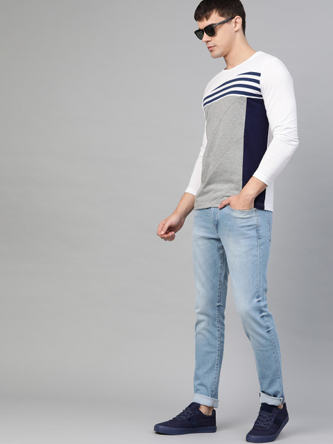 

Seven Rocks Men White & Grey Melange Colourblocked Round Neck T-shirt