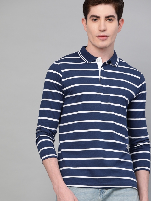 

Seven Rocks Men Navy Blue & White Striped Polo Collar T-shirt