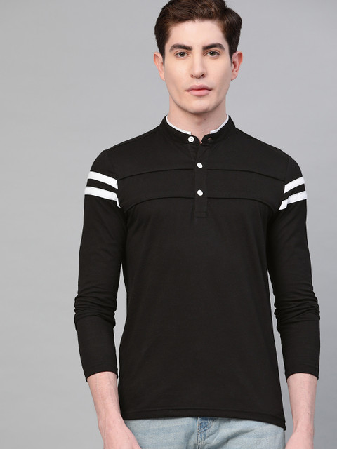 

Seven Rocks Men Black Solid Mandarin Collar T-shirt