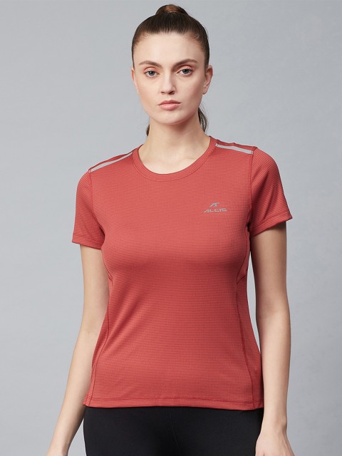 

Alcis Women Red Checked Self Design Round Neck Sports T-shirt