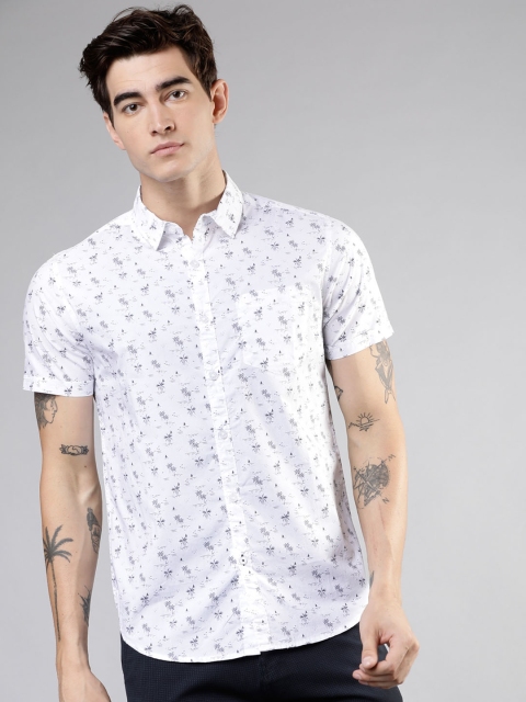 

HIGHLANDER Men White & Navy Blue Slim Fit Printed Casual Shirt