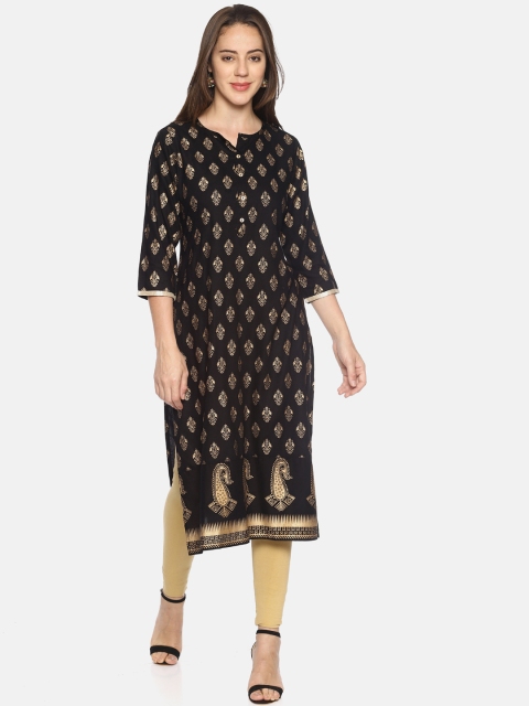 

Mytri Women Black Printed Straight Kurta