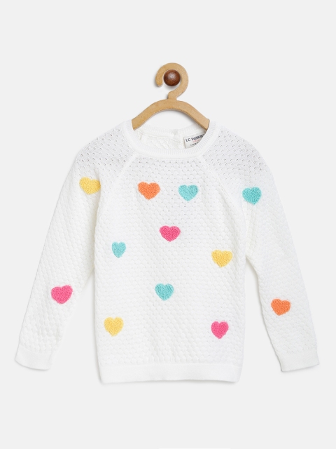 

LC Waikiki Girls White & Sea Green Self-Design Pullover Sweater