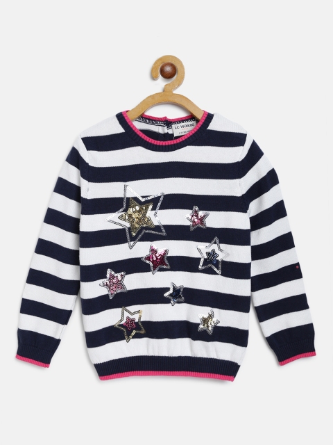 

LC Waikiki Girls Navy Blue & White Striped Pullover Sweater with Sequined Detail