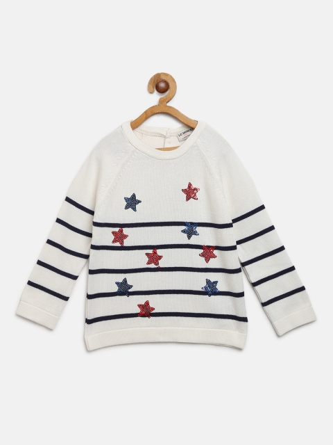 

LC Waikiki Girls White & Navy Blue Striped Pullover Sweater with Sequined Detail